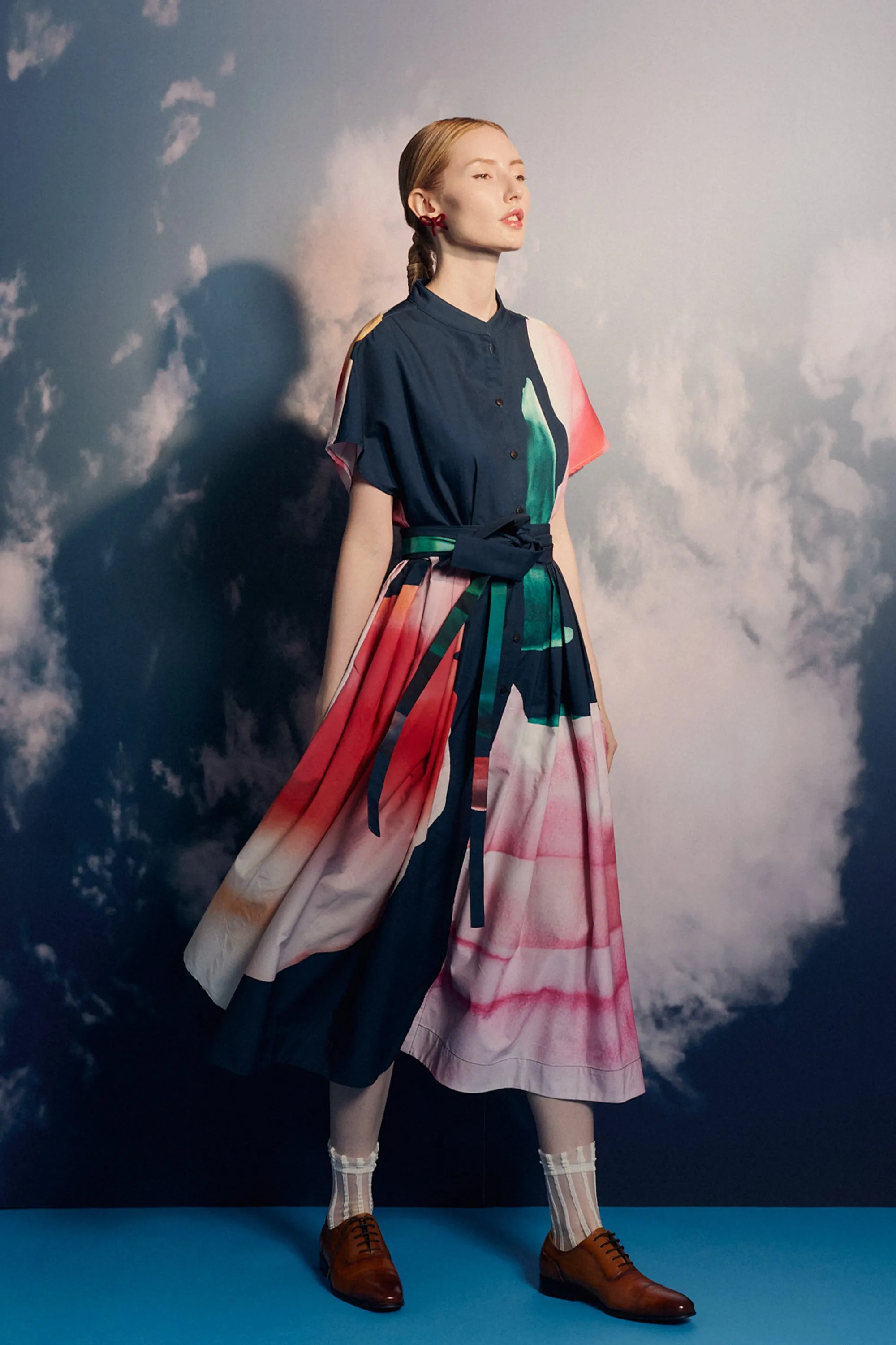 Chinese Collar Dual Box Pleat Dress (Departure)