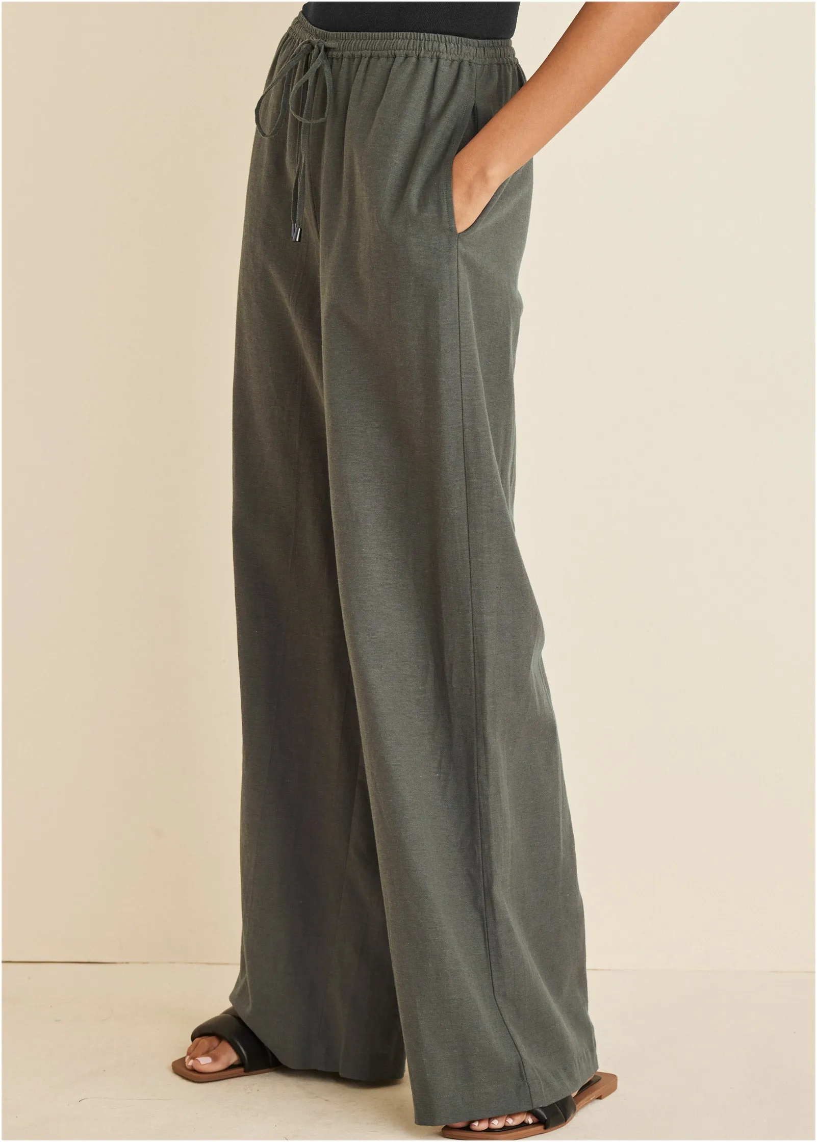 Cotton Linen Wide Leg Pants - Olive
