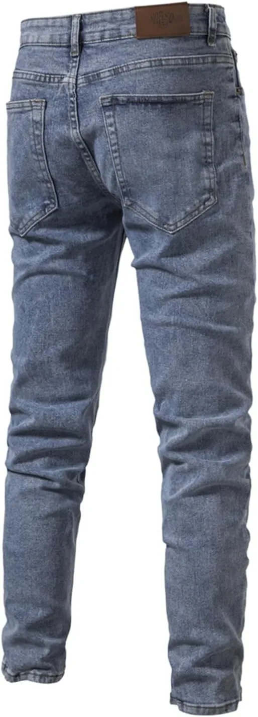 evzosrz Men's Trendy Skinny Slim Fit Jeans Straight Fit Washed Denim Pants Elastic Waist Casual Denim Pull Up Jeans