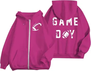 Game Day Zip Up Hoodies for Women Oversized Y2K Hooded Zipper Football Sweatshirts Casual Comfort Graphic Jackets