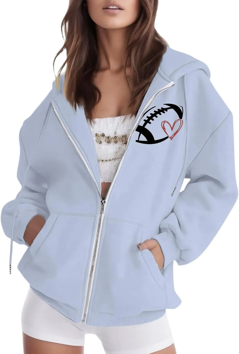 Game Day Zip Up Hoodies for Women Oversized Y2K Hooded Zipper Football Sweatshirts Casual Comfort Graphic Jackets