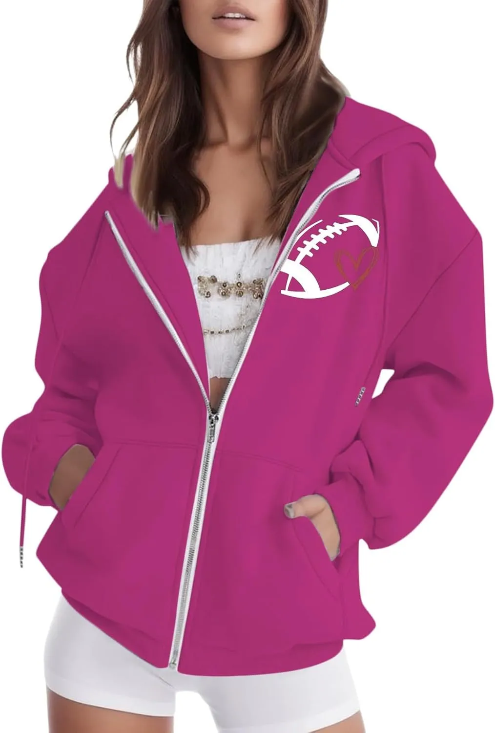 Game Day Zip Up Hoodies for Women Oversized Y2K Hooded Zipper Football Sweatshirts Casual Comfort Graphic Jackets