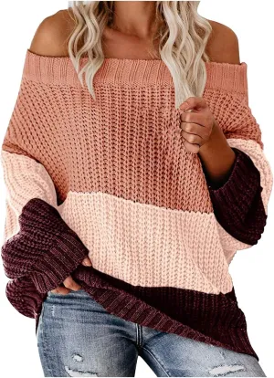 JOAU Womens Oversized Sweater Color Block Off The Shoulder Pullover Sweaters Cable Knit Chunky Striped Casual Knit Tops
