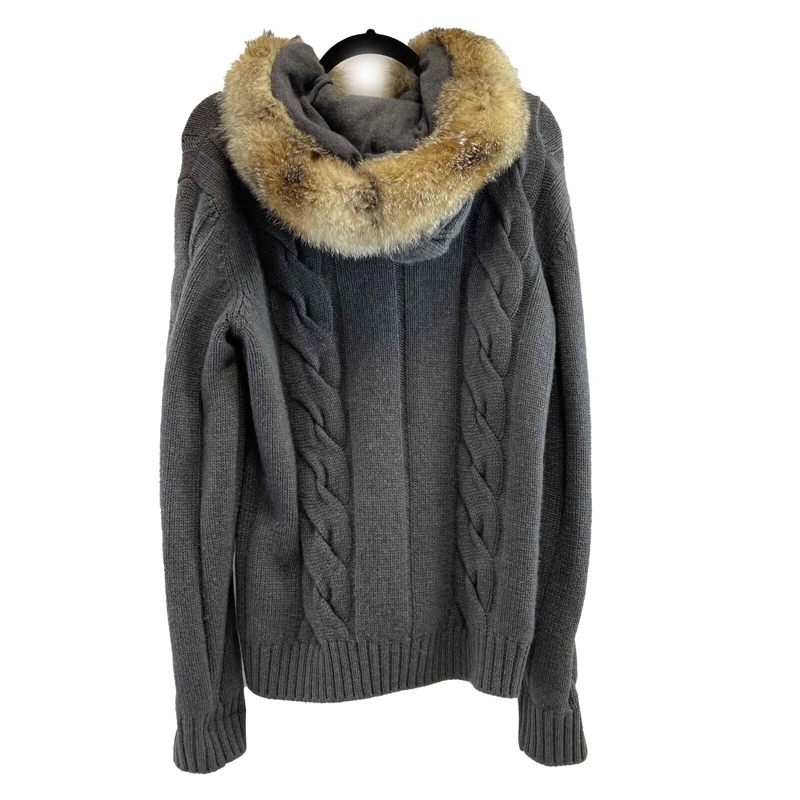 Loro Piana Cashmere Gray Cable Knit Toggle Fox Fur Hooded Cardigan IT40 US4