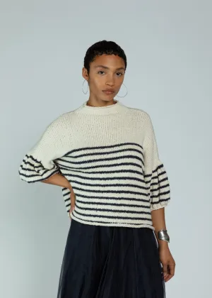 Louiza Barbouryan Cotton Stripe Puff Sleeve Sweater