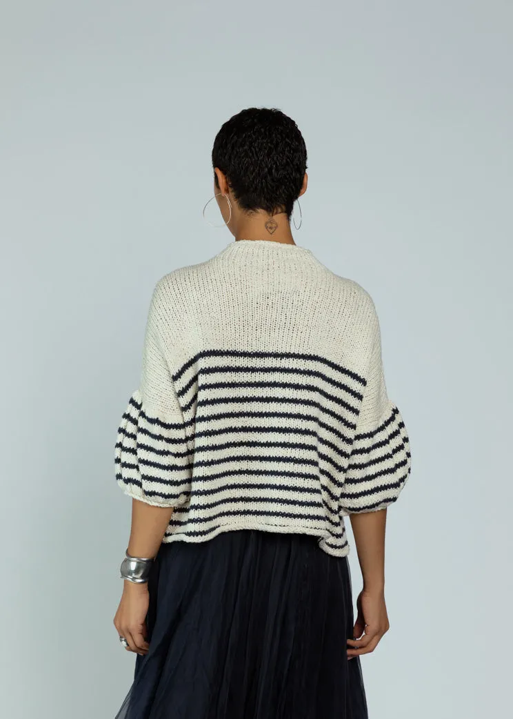 Louiza Barbouryan Cotton Stripe Puff Sleeve Sweater