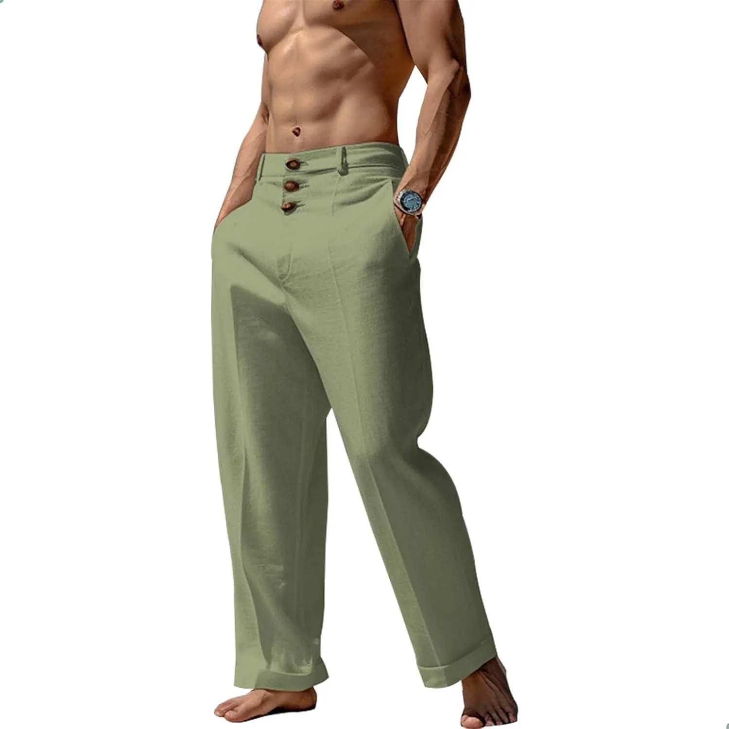 Mens Linen Pants Elastic Waist Casual Loose Trendy Lightweight Breathable Solid Trousers Beach Party Yoga Chino Pants