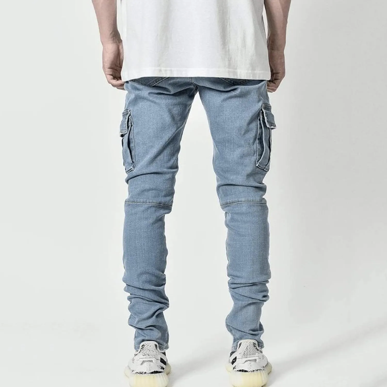 Mens Skinny Cargo Jeans Slim Fit Stretch Casual Fashion Hiphop Jeans Straight Leg Comfort Flex Waist Cargo Denim Pants
