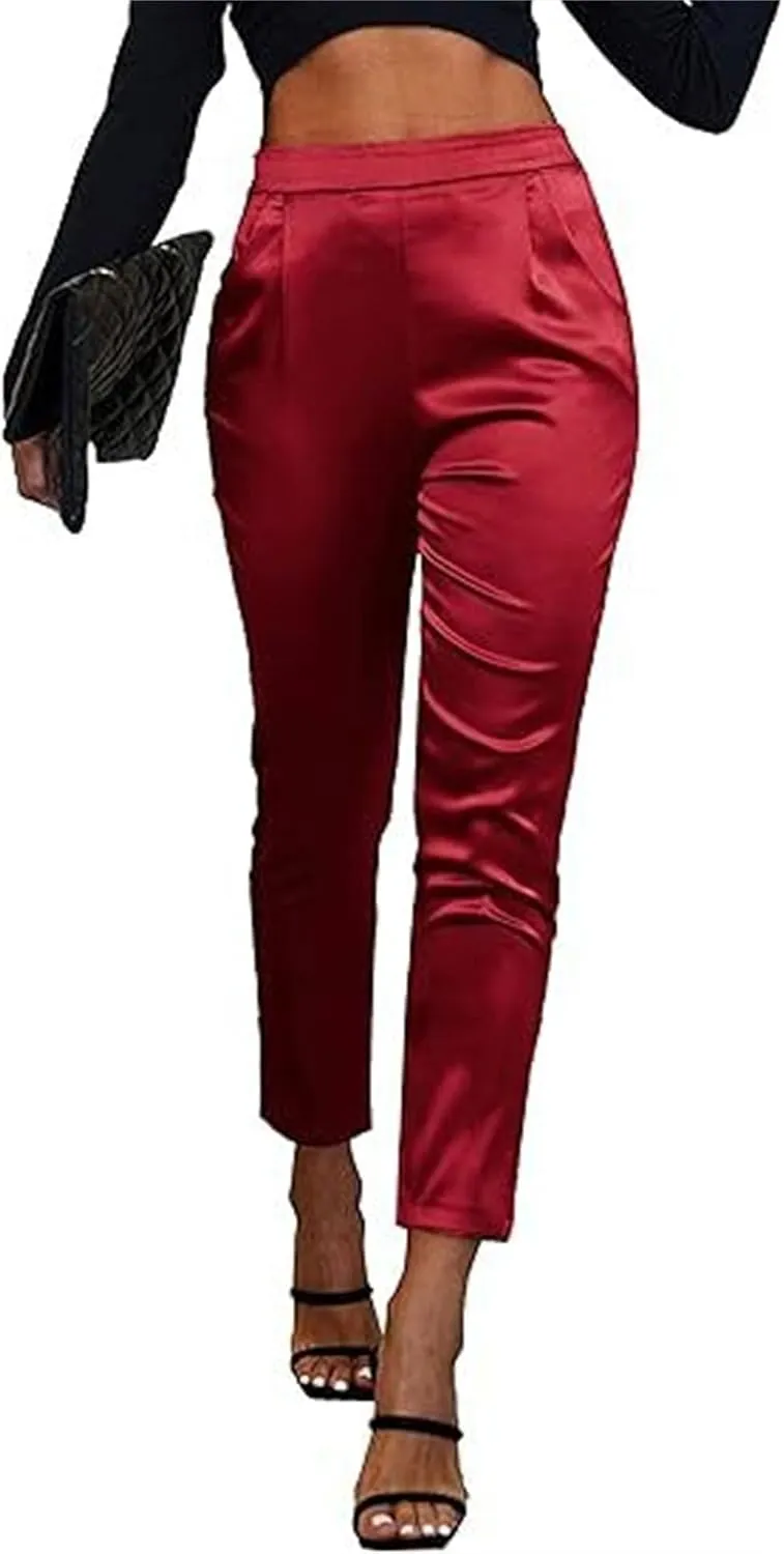 Pants for Women Satin Dress Casual Pleated Pull On High Waist Dressy Pants with Pockets 2025 Summer Trendy Trouser
