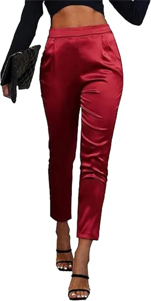 Pants for Women Satin Dress Casual Pleated Pull On High Waist Dressy Pants with Pockets 2025 Summer Trendy Trouser