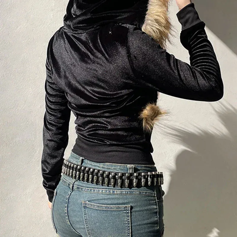 Vintage Faux Feather Hooded Cardigan  Cute and Cozy Autumn Streetwear
