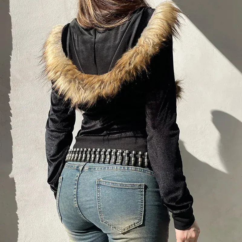 Vintage Faux Feather Hooded Cardigan  Cute and Cozy Autumn Streetwear