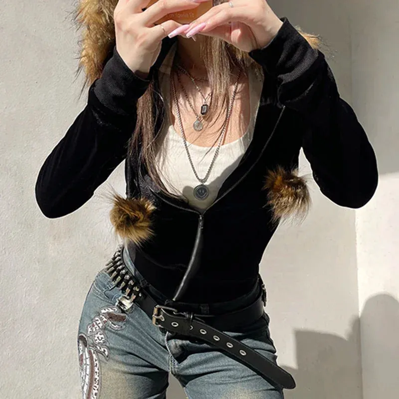 Vintage Faux Feather Hooded Cardigan  Cute and Cozy Autumn Streetwear