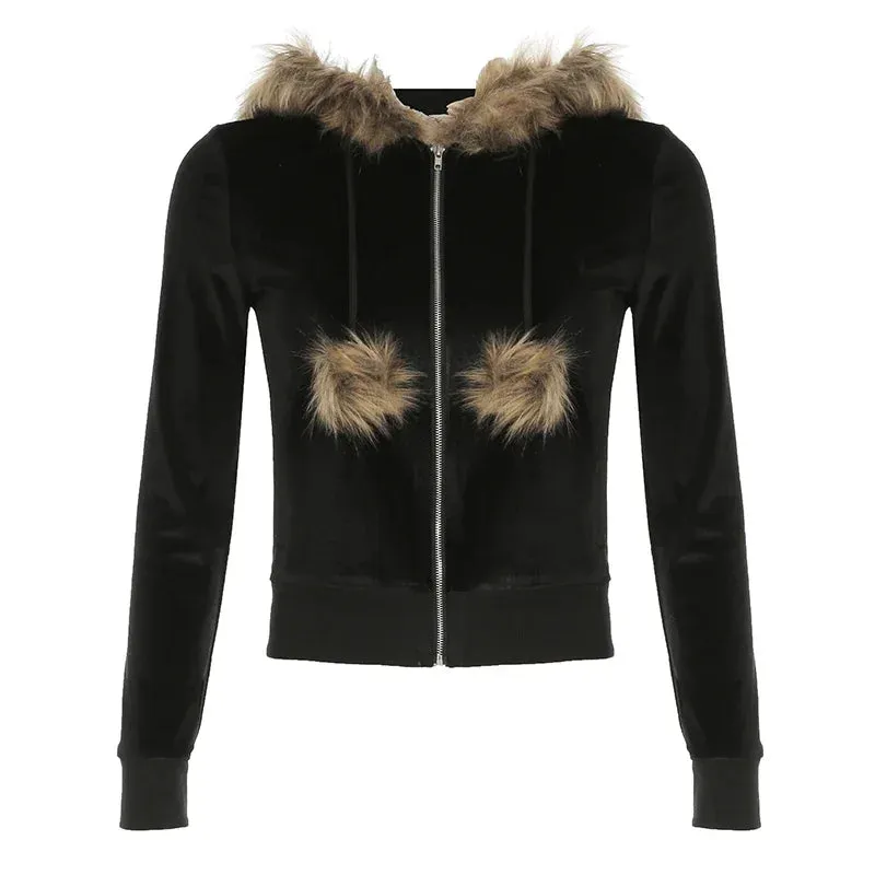 Vintage Faux Feather Hooded Cardigan  Cute and Cozy Autumn Streetwear