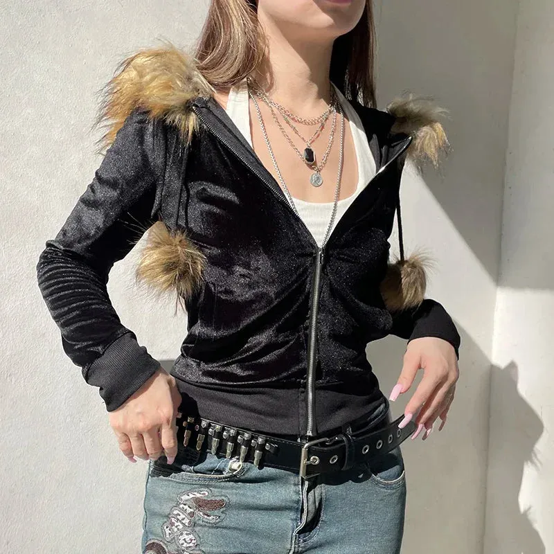 Vintage Faux Feather Hooded Cardigan  Cute and Cozy Autumn Streetwear