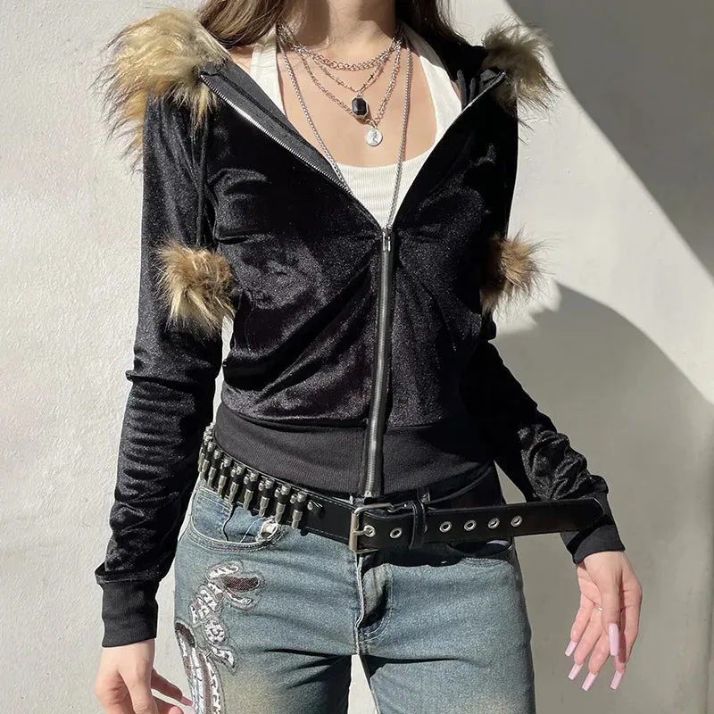 Vintage Faux Feather Hooded Cardigan  Cute and Cozy Autumn Streetwear
