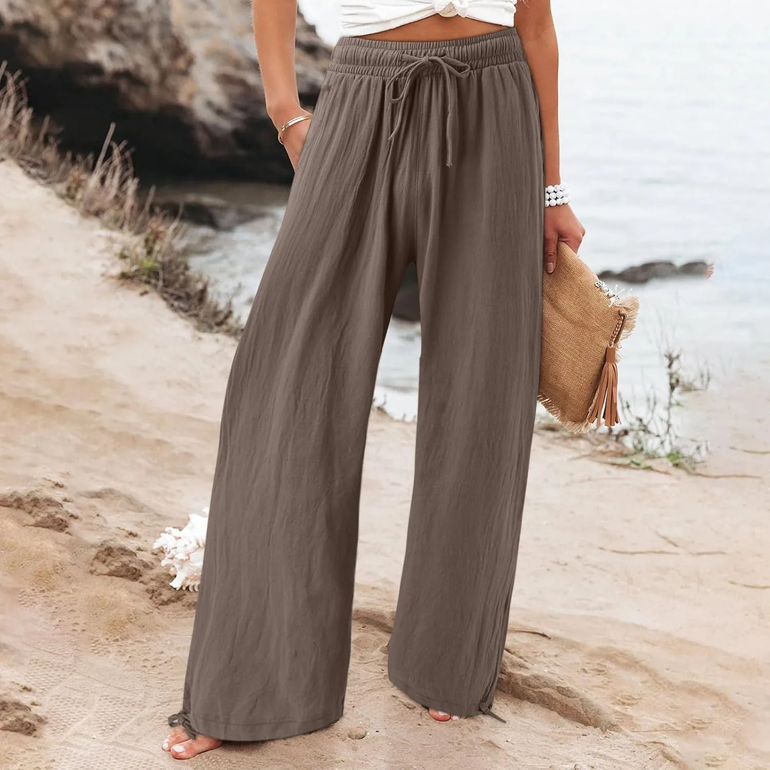 Wide Leg Linen Pants for Women Casual Summer Palazzo Pants Lightweight High Waisted Flowy Beach Pants 2024 Fashion