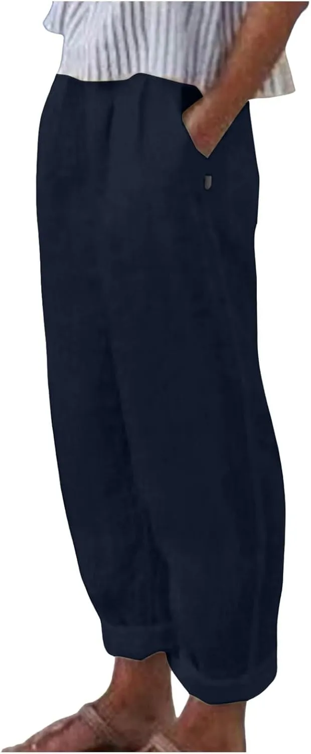 Women's Cotton Linen Pants Plus Size Elastic High Waist Comfy Straight Trouser Summer Casual Loose Pant with Pockets