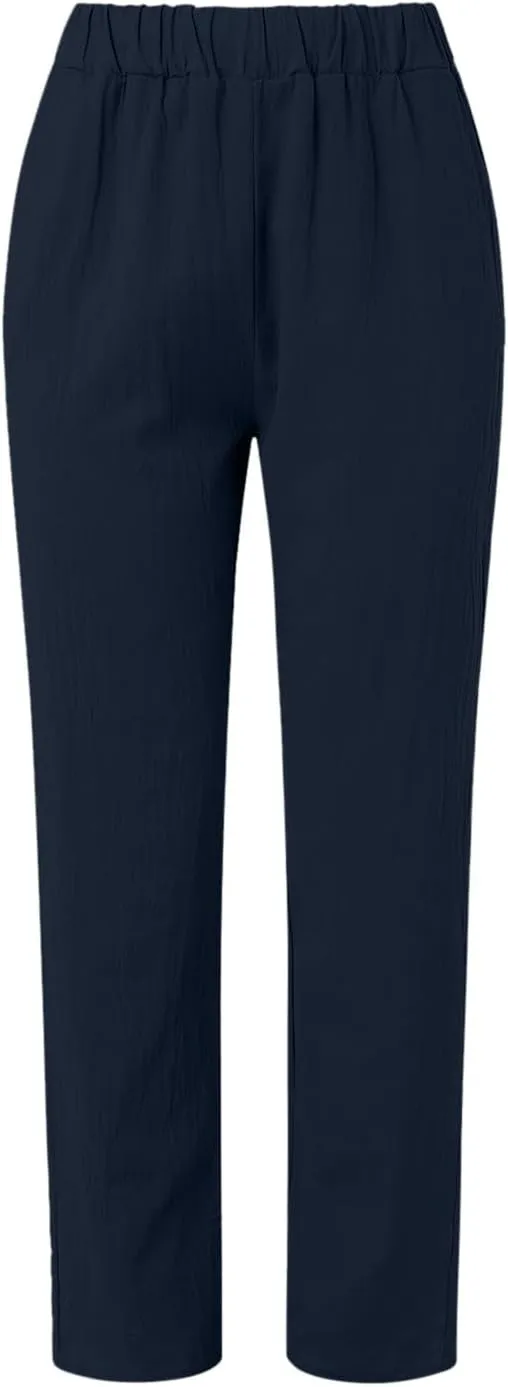 Women's Cotton Linen Pants Plus Size Elastic High Waist Comfy Straight Trouser Summer Casual Loose Pant with Pockets
