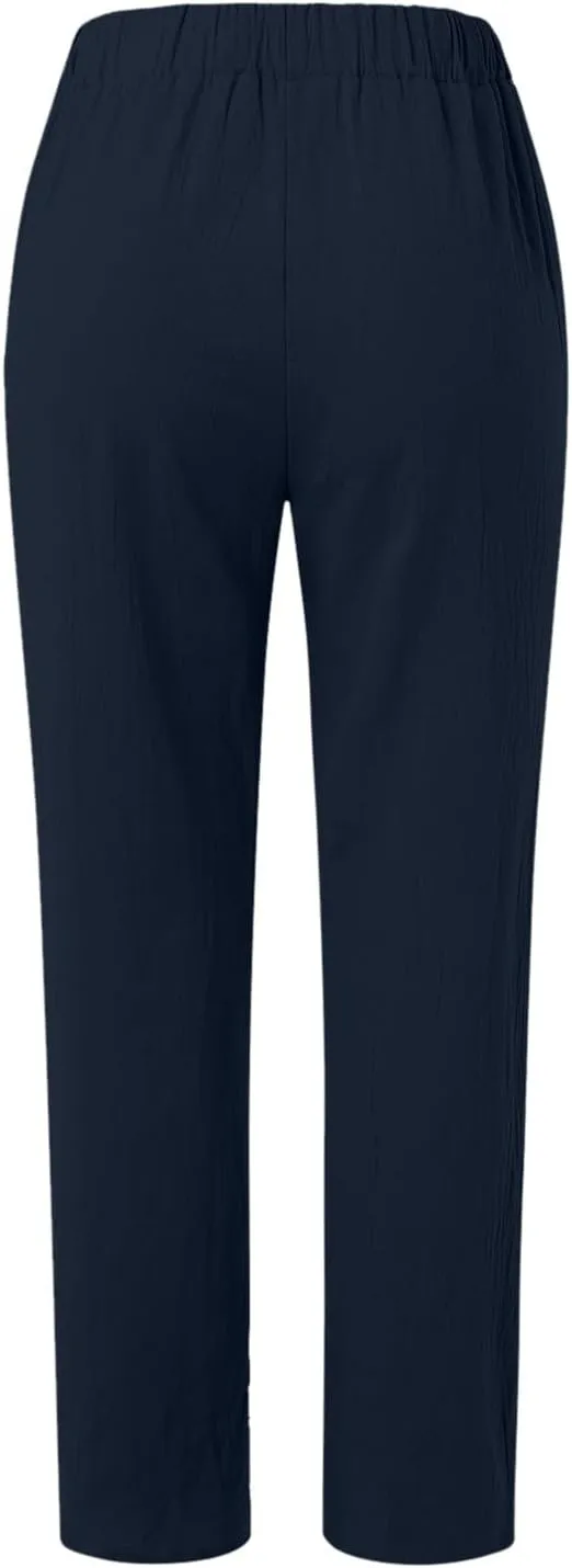 Women's Cotton Linen Pants Plus Size Elastic High Waist Comfy Straight Trouser Summer Casual Loose Pant with Pockets